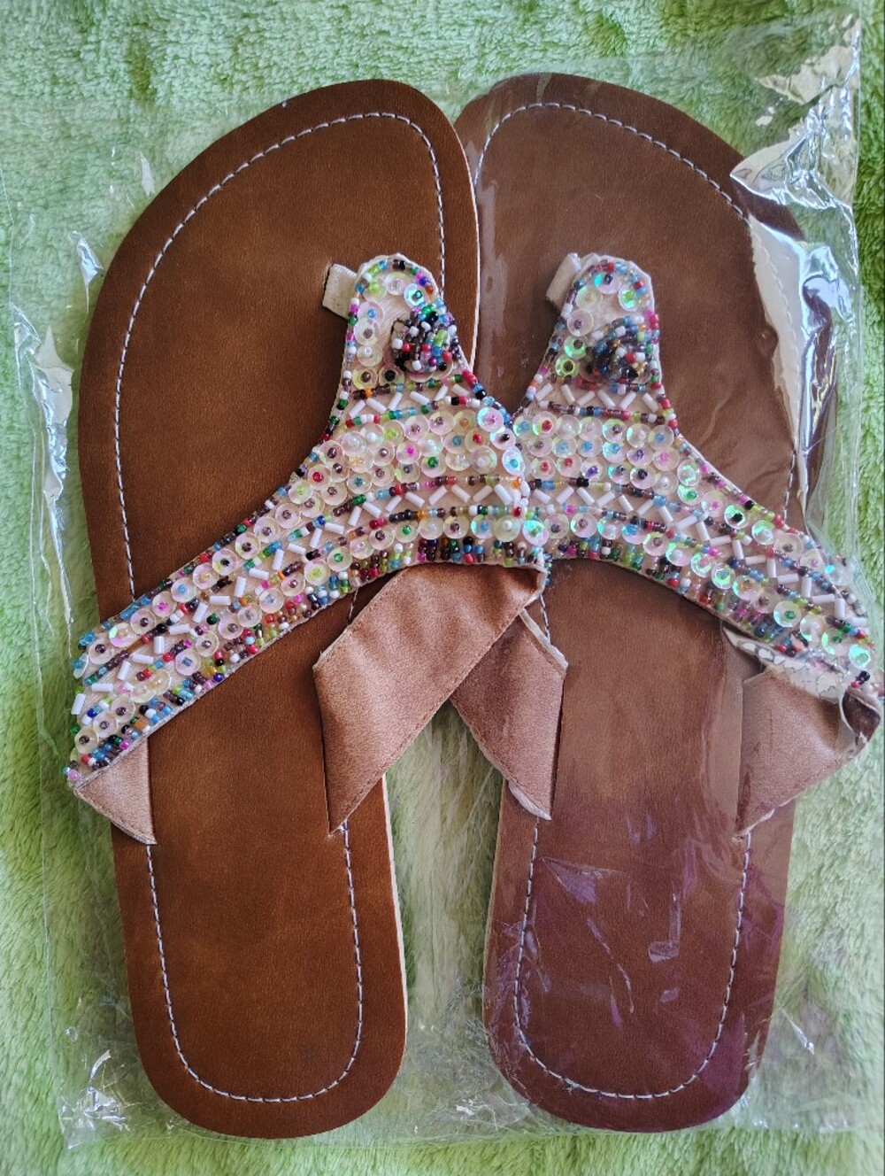 Beaded Tan Sandal - Embellished Multicolor Beads